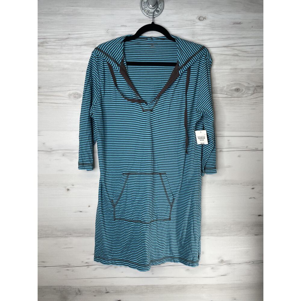 St‎ Johns Bay Pullover Womens Medium Scuba Blue Brown Striped Hooded Tunic Top